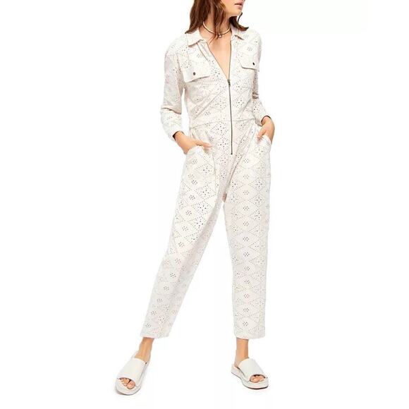 Free People Pants - Free People Women’s Set The Tone Eyelet Jumpsuit Cream Size 12 NEW